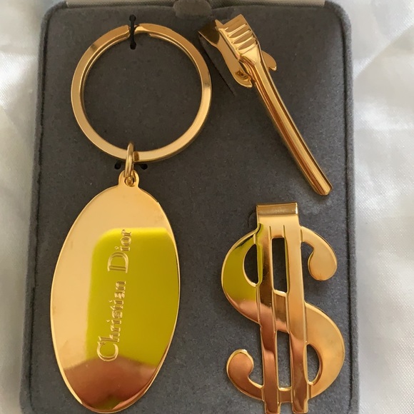 Christian Dior gold Rare Vintage Metal Keychain/ tie/ Money Clip Cash Set - Picture 2 of 9